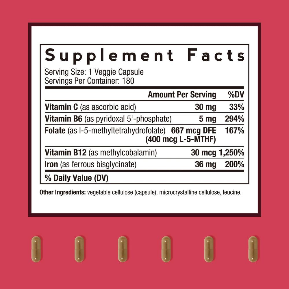 Doctor's Recipes iron capsules closeup showing vegan-friendly, stomach-friendly bisglycinate formula.