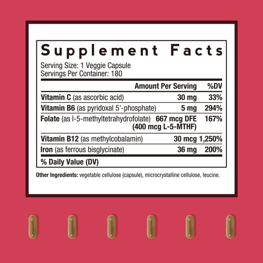 Doctor's Recipes iron capsules closeup showing vegan-friendly, stomach-friendly bisglycinate formula.