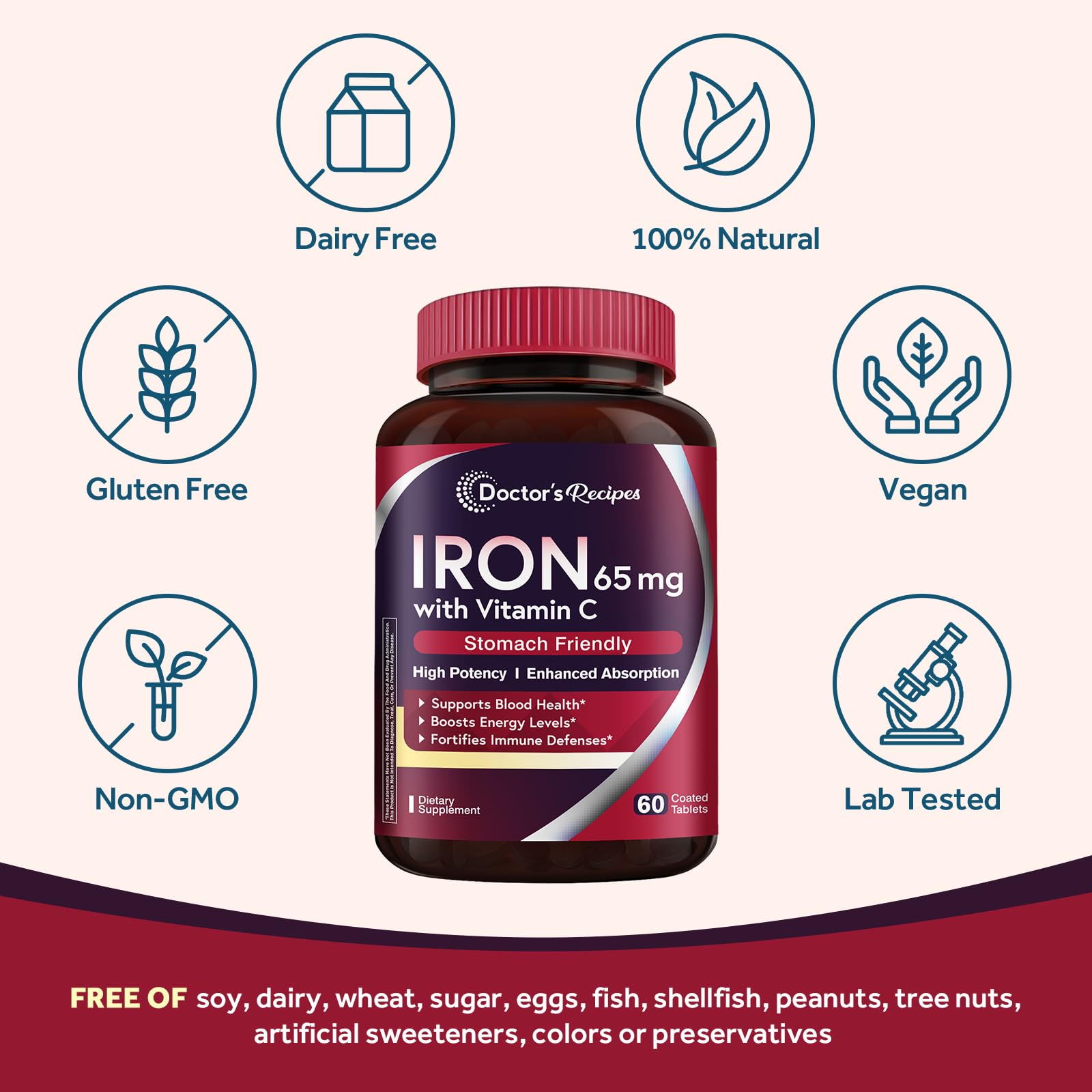 Doctor’s Recipes iron supplement capsules close-up showing small easy-to-swallow pills