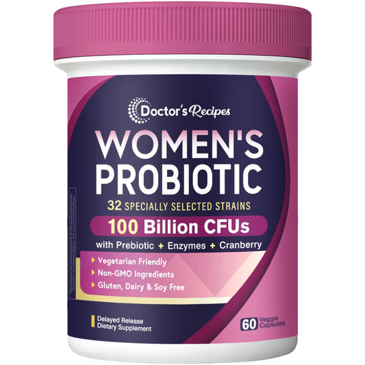 Doctor's Recipes Probiotics bottle with capsules shows 100B CFU and 32 strains for women