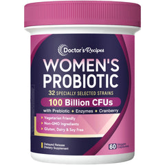 Doctor's Recipes Probiotics bottle with capsules shows 100B CFU and 32 strains for women
