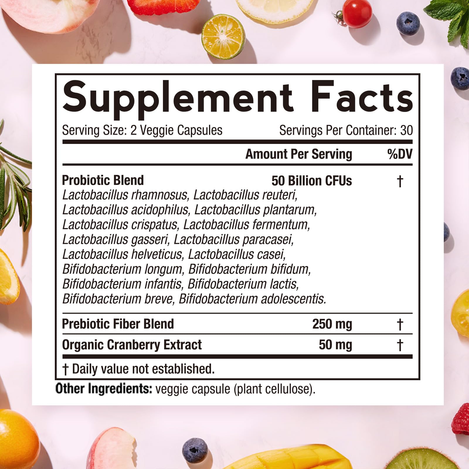Doctor's Recipes Women's Probiotics bottle back reveals ingredients and shelf-stable info