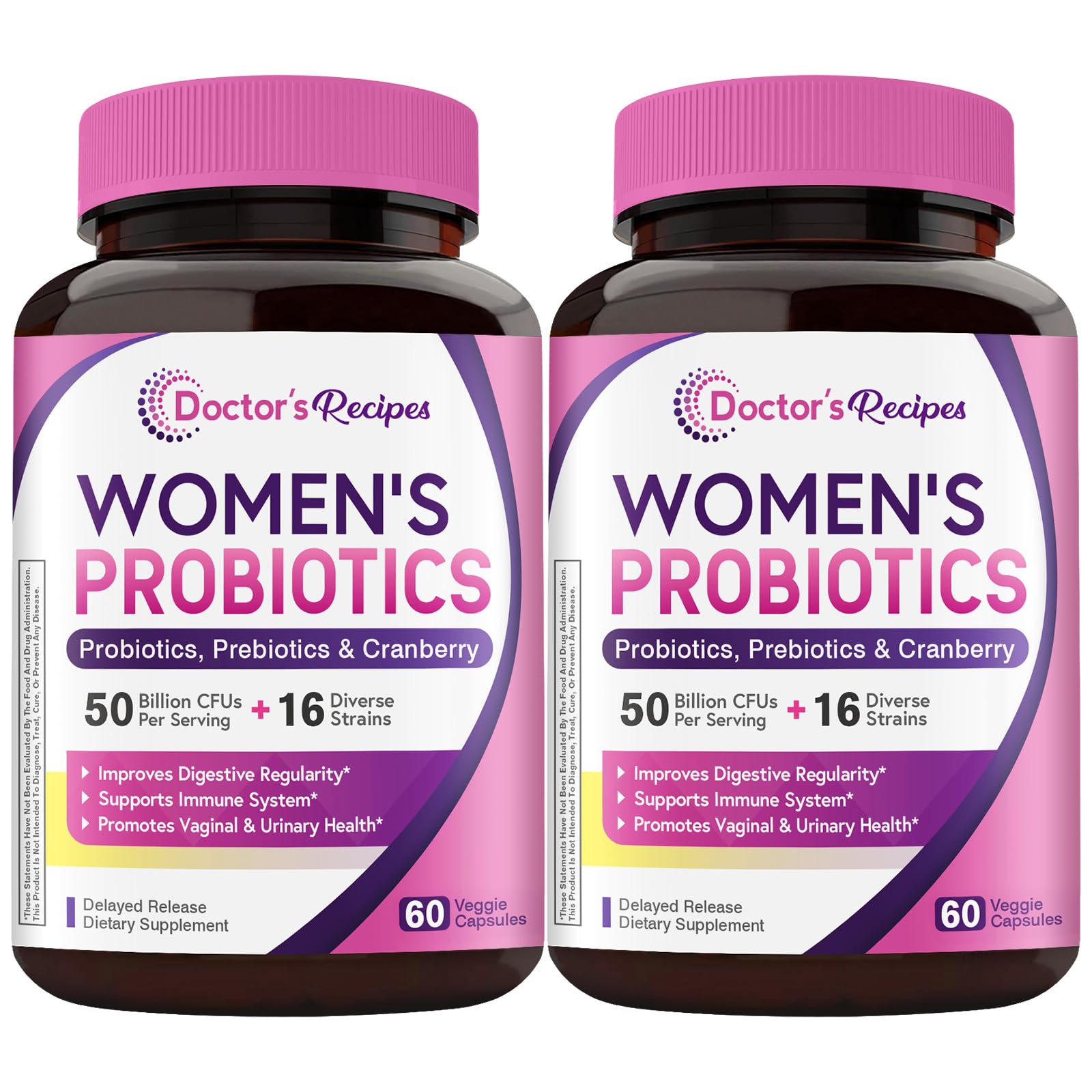 Doctor's Recipes Women's Probiotics bottle front showing 50B CFU and 16 strains