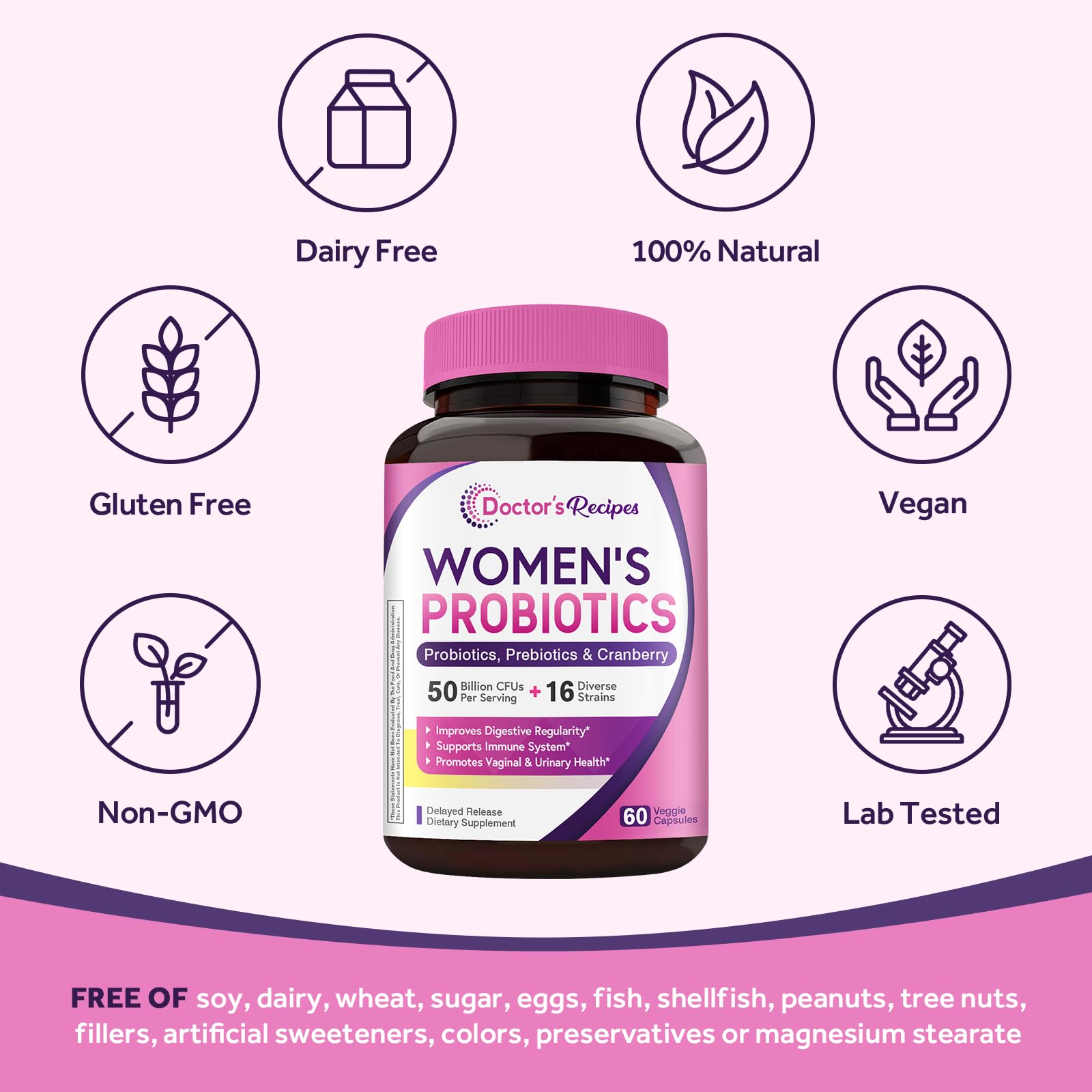 Doctor's Recipes Women's Probiotics prebiotic blend and cranberry extract visuals