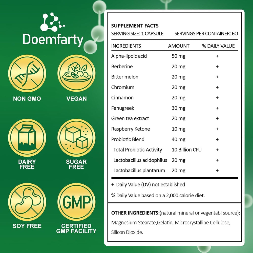 Doemfarty GLP-1 probiotic capsules promote gut health.