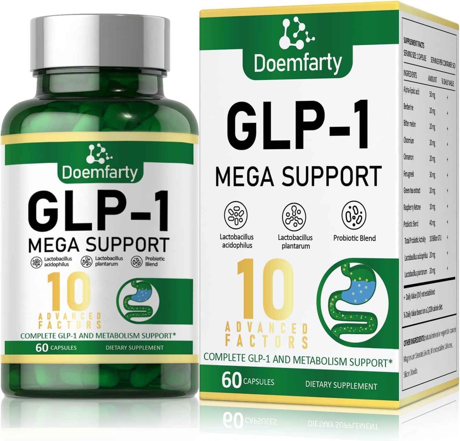 Doemfarty GLP-1 supplement bottle supports daily energy balance.