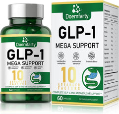 Doemfarty GLP-1 supplement bottle supports daily energy balance.