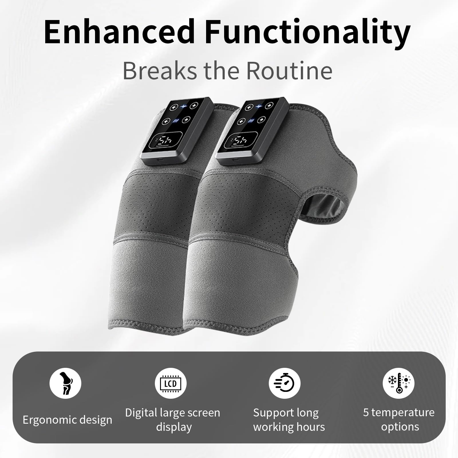 DOEUTLQ knee massager shows five heat levels for customizable warmth.