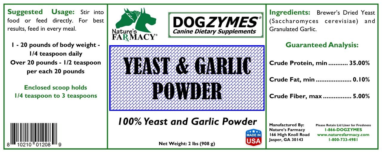 Dogzymes Yeast and Garlic Powder measuring spoon ready to mix into dog meals.