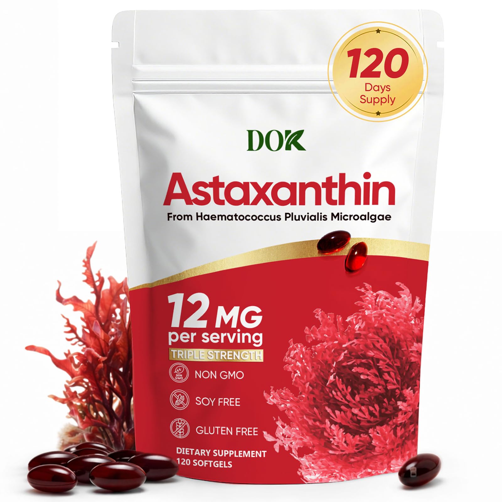 DOK Astaxanthin softgel bottle highlighting antioxidant support for daily wellness.