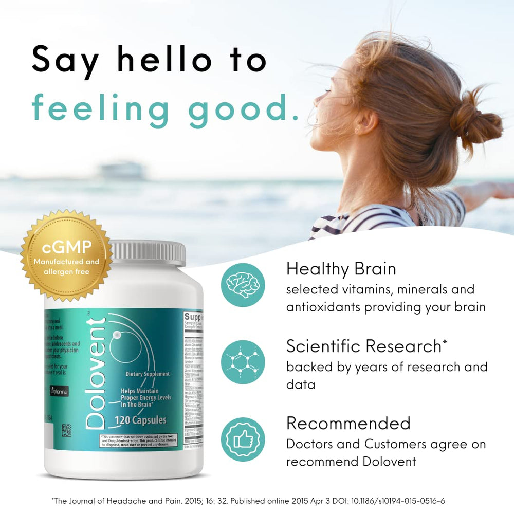 Dolovent serving with two capsules per day shown for routine use.