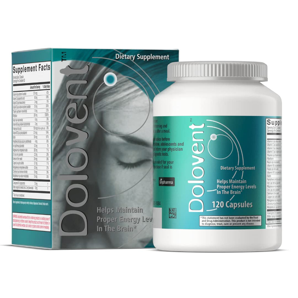 Dolovent migraine relief bottle front view for daily, drug-free support.