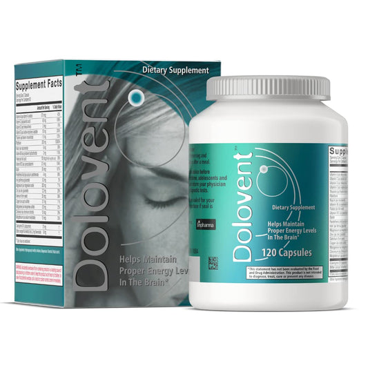 Dolovent migraine relief bottle front view for daily, drug-free support.