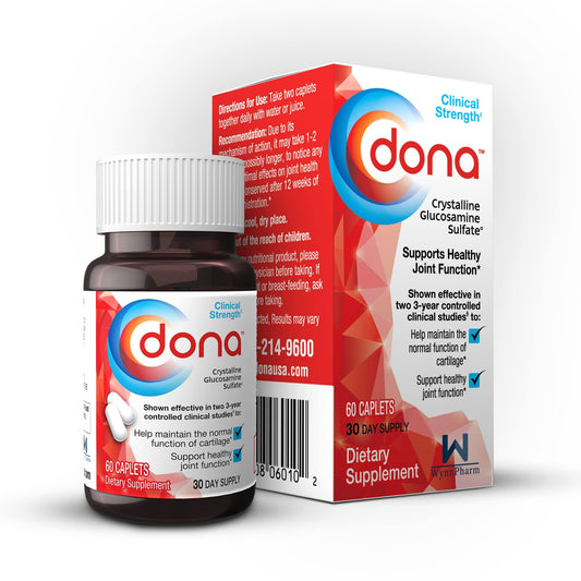 Dona Crystalline Glucosamine Sulfate bottle on table suggests daily joint support and mobility.