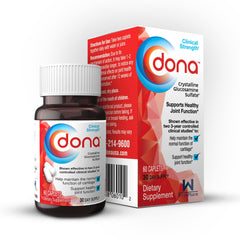 Dona Crystalline Glucosamine Sulfate bottle on table suggests daily joint support and mobility.