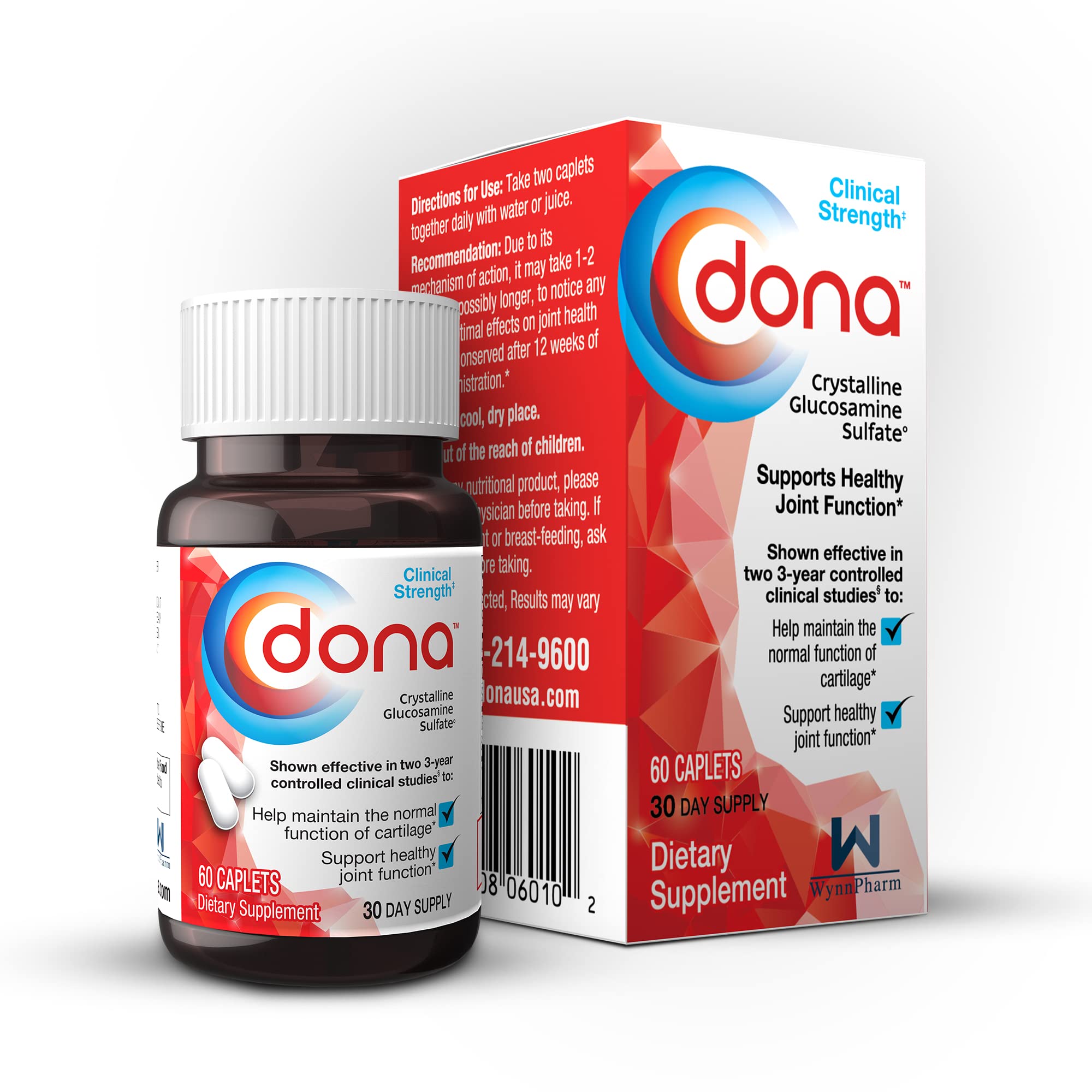 DONA glucosamine sulfate caplets closeup showcasing easy dosage.