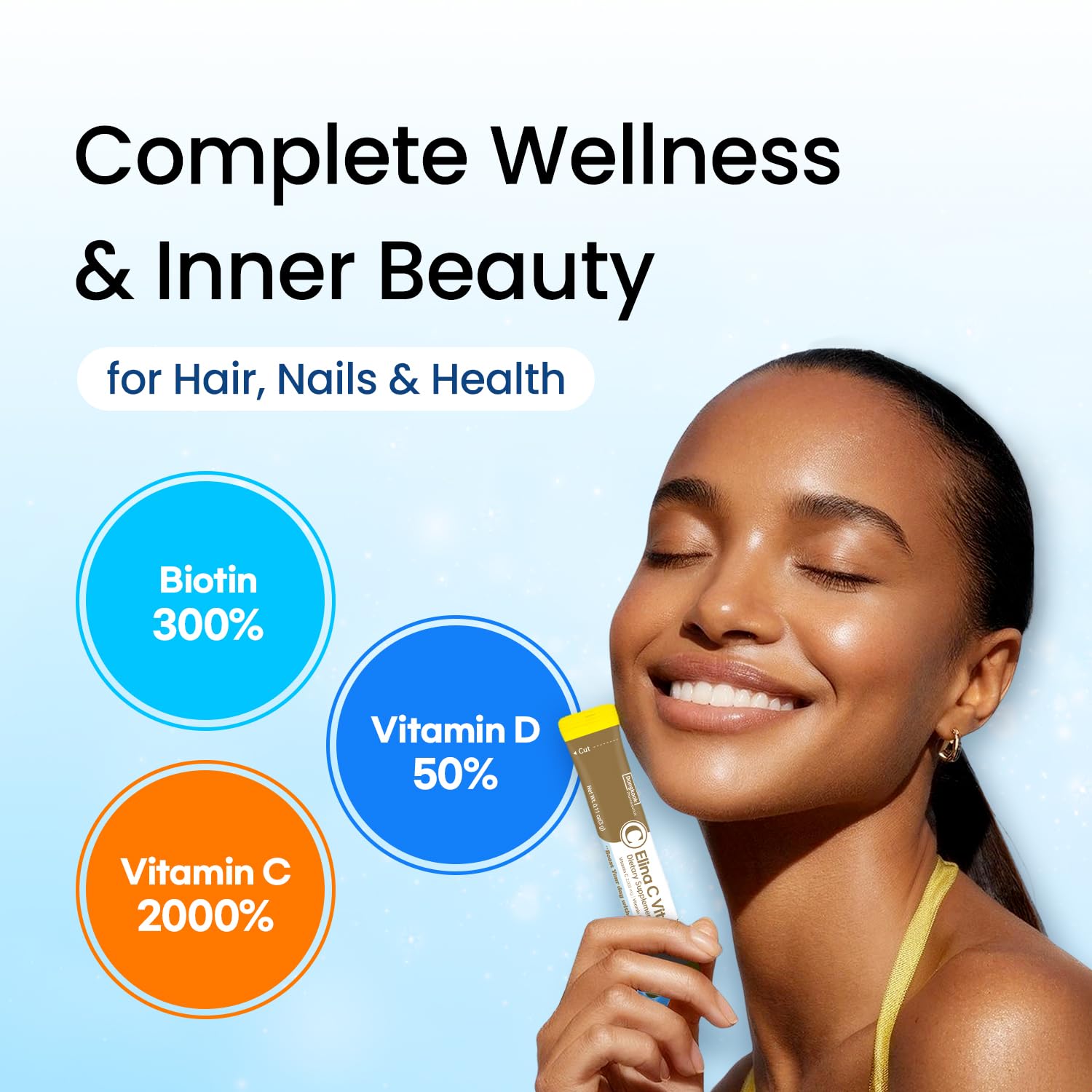 DONGKOOK Vita Pop vitamin D3 and biotin blend image demonstrating skin and hair support.