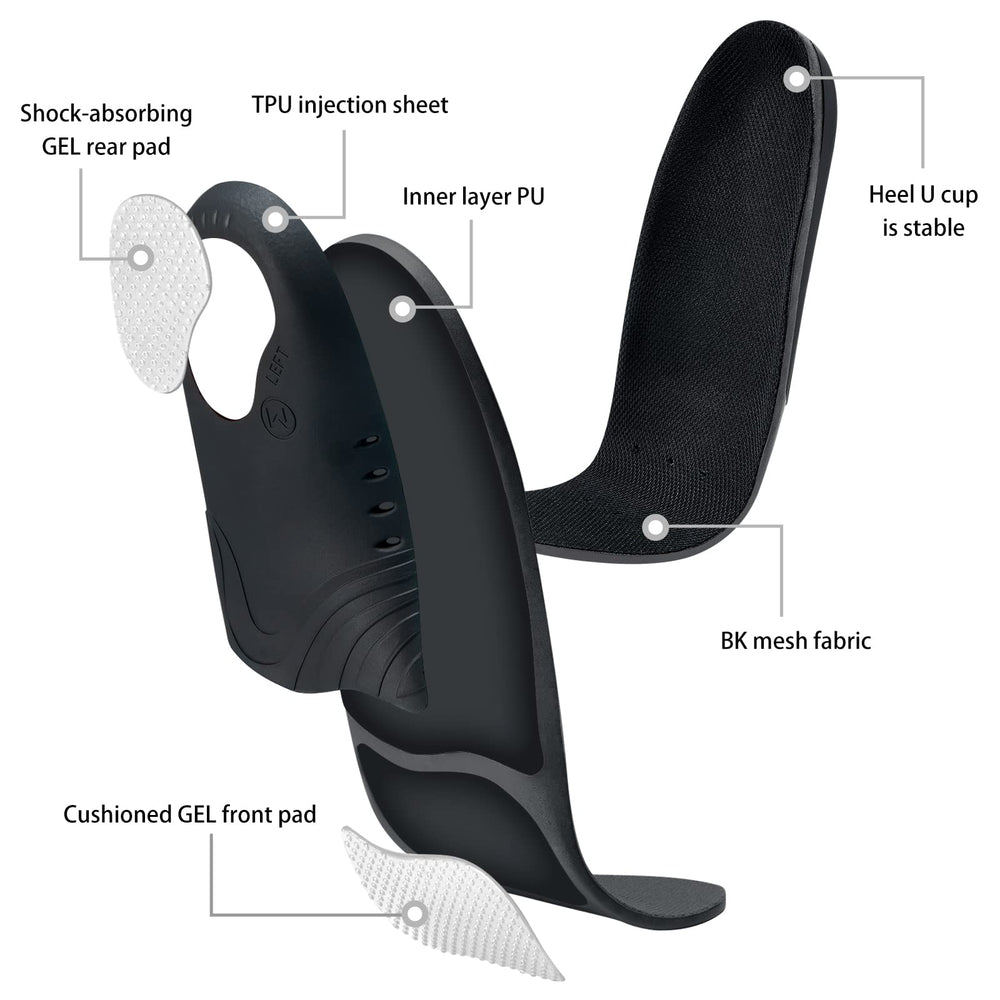 Close-up of DONQE arch support insoles with forefoot gel cushions for comfort.