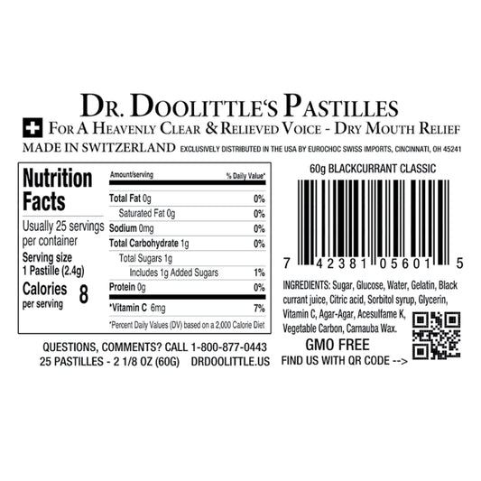 DOOLITTLE 25-count tin featuring blackcurrant pastilles ready for travel