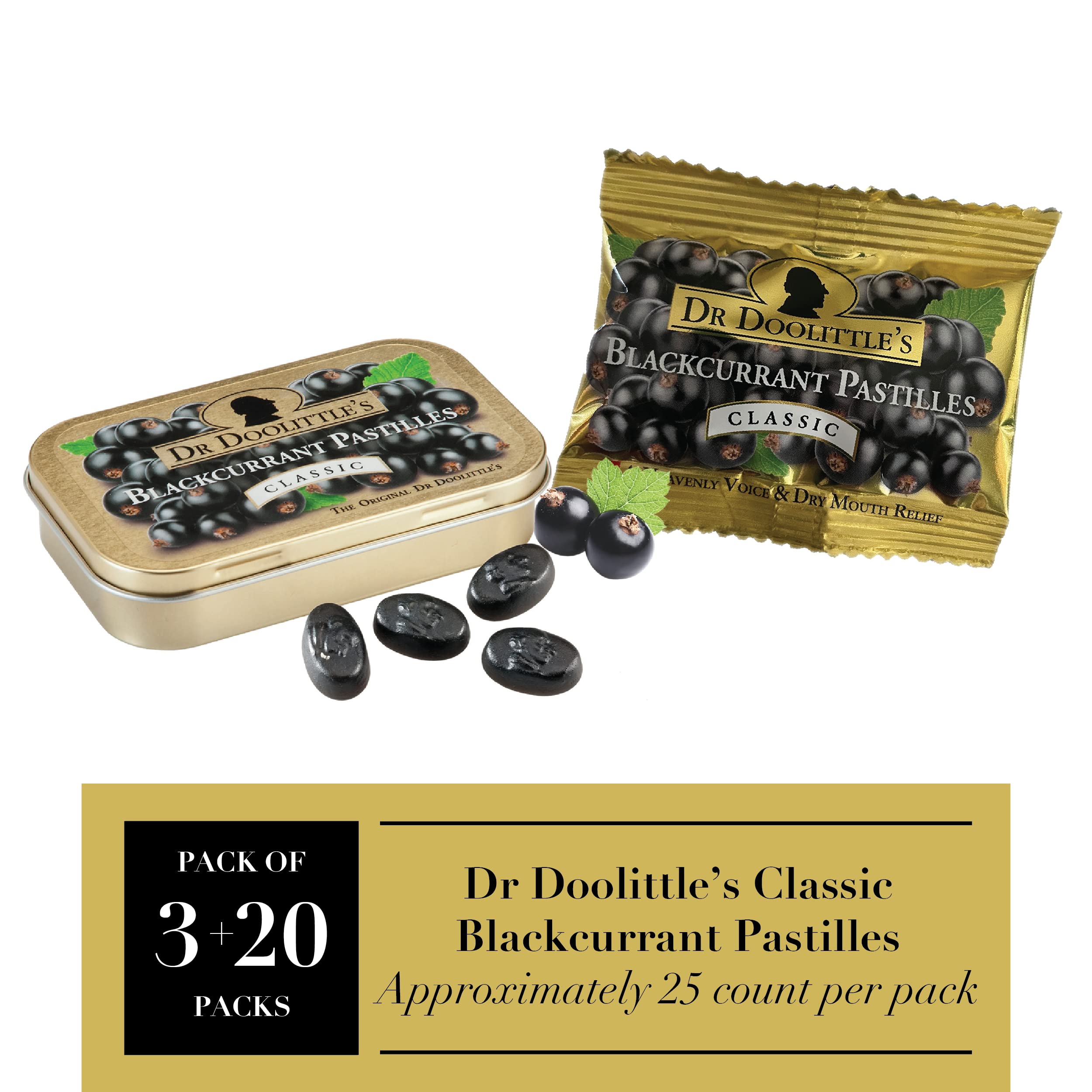 DOOLITTLE Dr Classic blackcurrant pastilles close-up showing chewy texture for easy soothing.