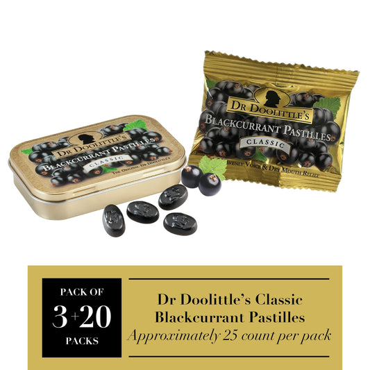 DOOLITTLE Dr Classic blackcurrant pastilles close-up showing chewy texture for easy soothing.