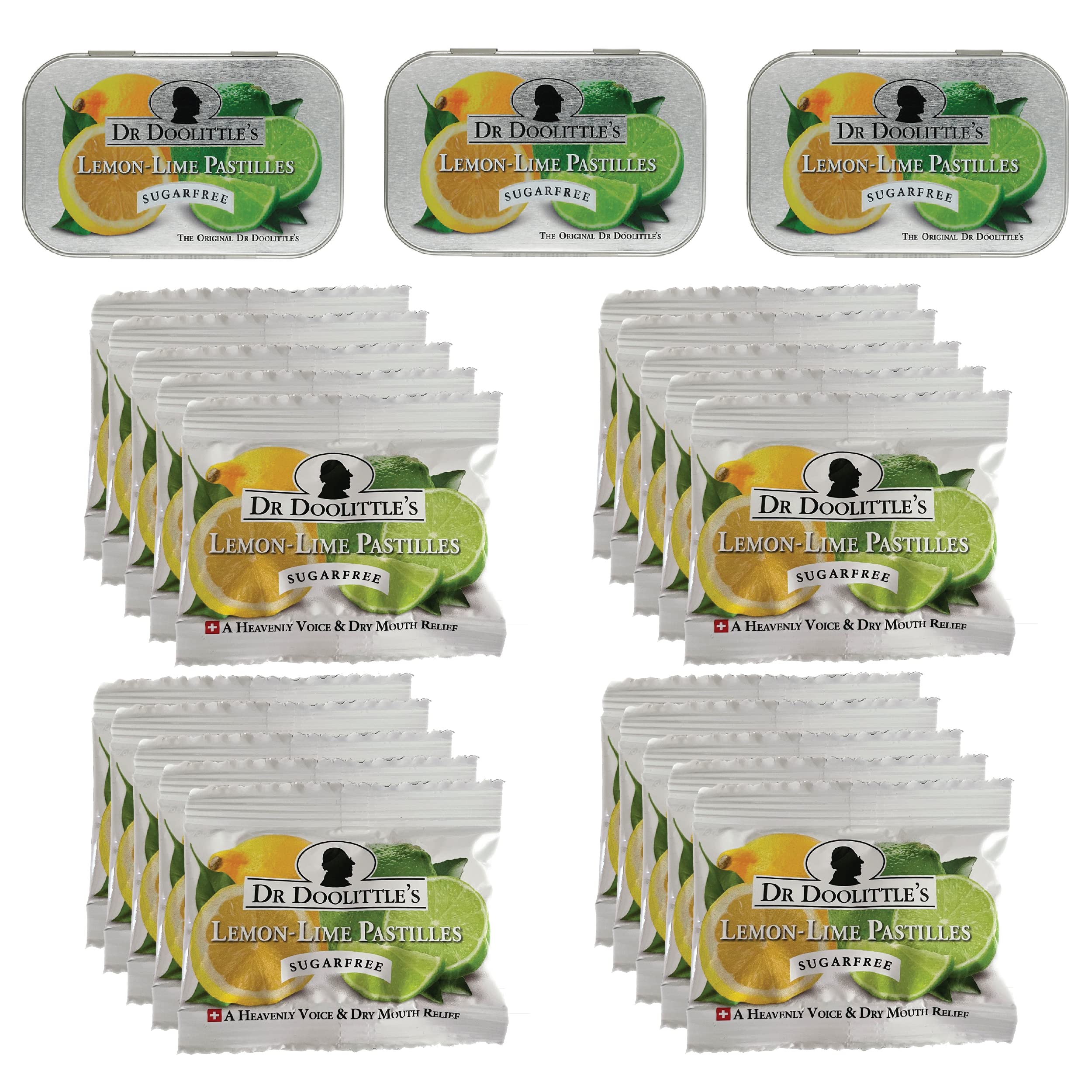DOOLITTLE pastilles lemon-lime tin front, compact travel-ready throat comfort.