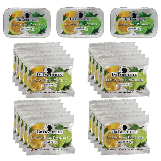 DOOLITTLE pastilles lemon-lime tin front, compact travel-ready throat comfort.