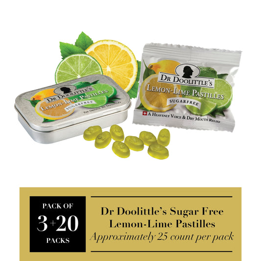 DOOLITTLE pastilles lemon-lime tin open, soft fruit pastilles visible.