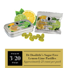 DOOLITTLE pastilles lemon-lime tin open, soft fruit pastilles visible.