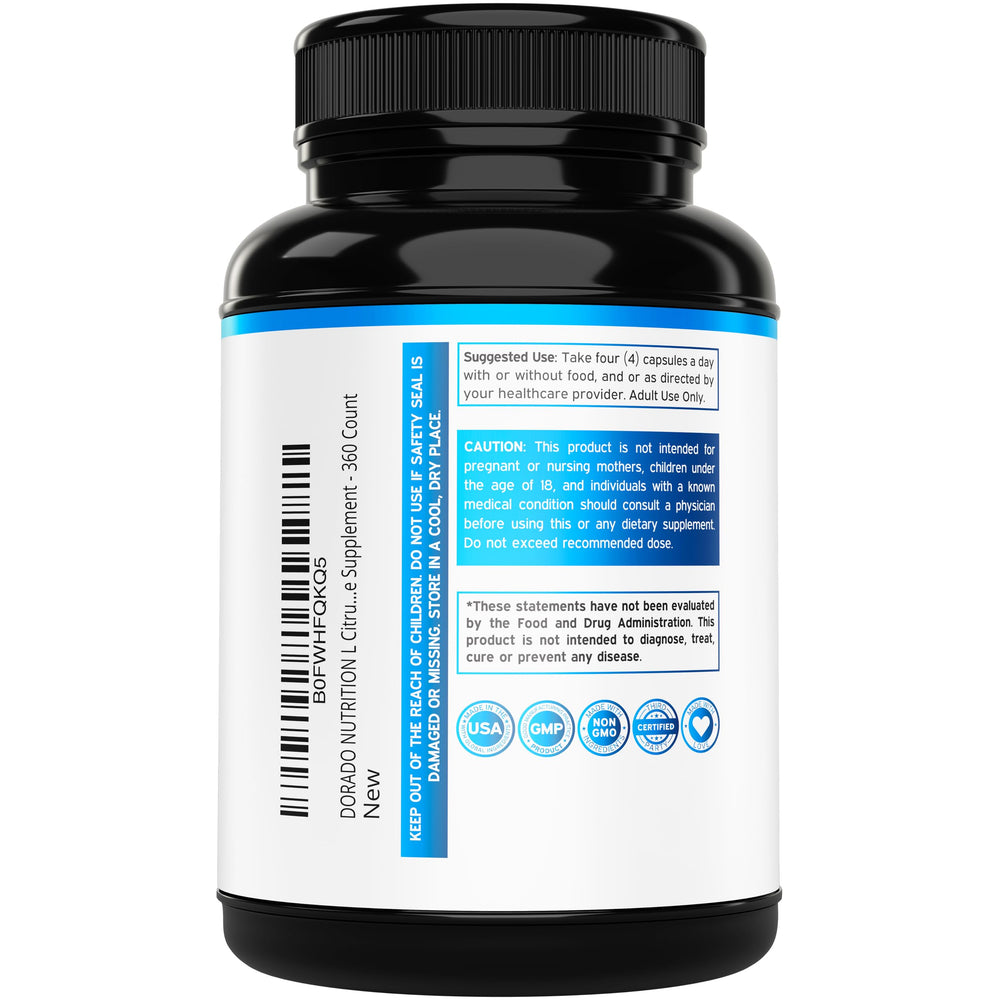 Dorado Nutrition L Citrulline capsules close-up showing 750mg per capsule.