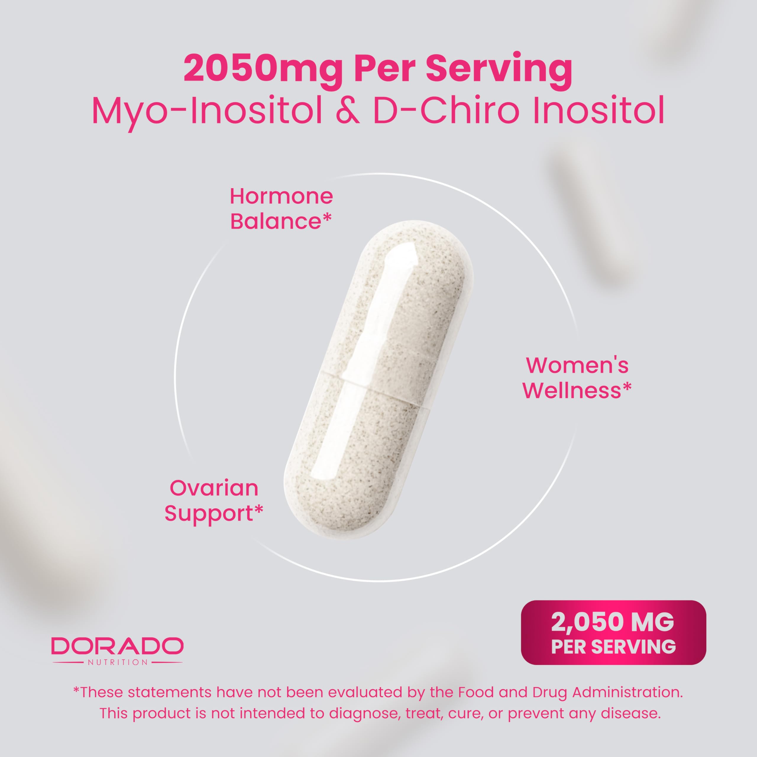 DORADO NUTRITION Myo-Inositol & D-Chiro Inositol capsules close-up with smooth coating.