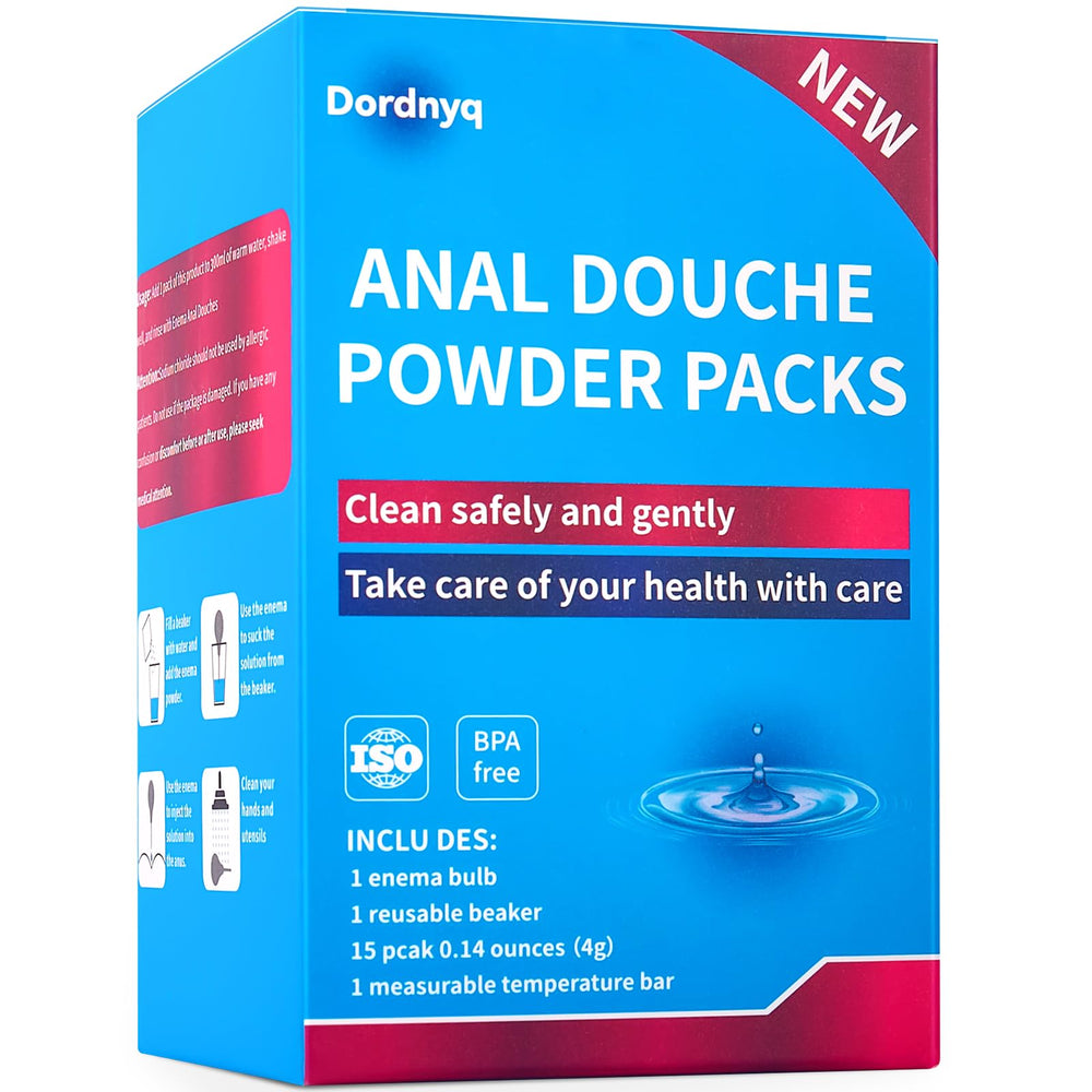 Dordnyq Anal Douche Powder pack close-up showing single-use portion.