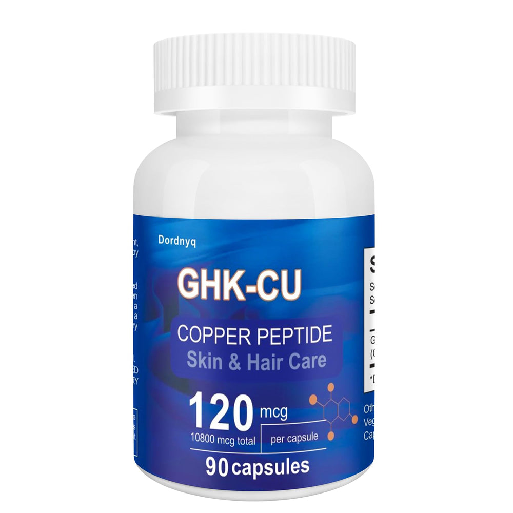 Dordnyq GHK-Cu copper peptide bottle showing premium formula for skin and hair support.