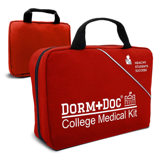 DormDoc first aid kit packaging shows a compact dorm-room ready design for easy storage.