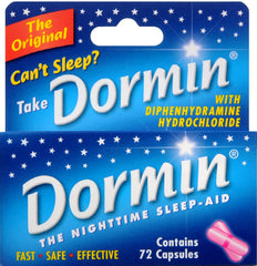 Dormin Nighttime Sleep-Aid 72-capsule pack on bedside table highlighting convenient non-prescription sleep support