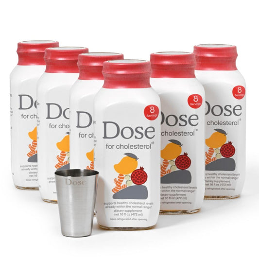 DOSE cholesterol bottle front label signals a clean wellness routine for cholesterol support