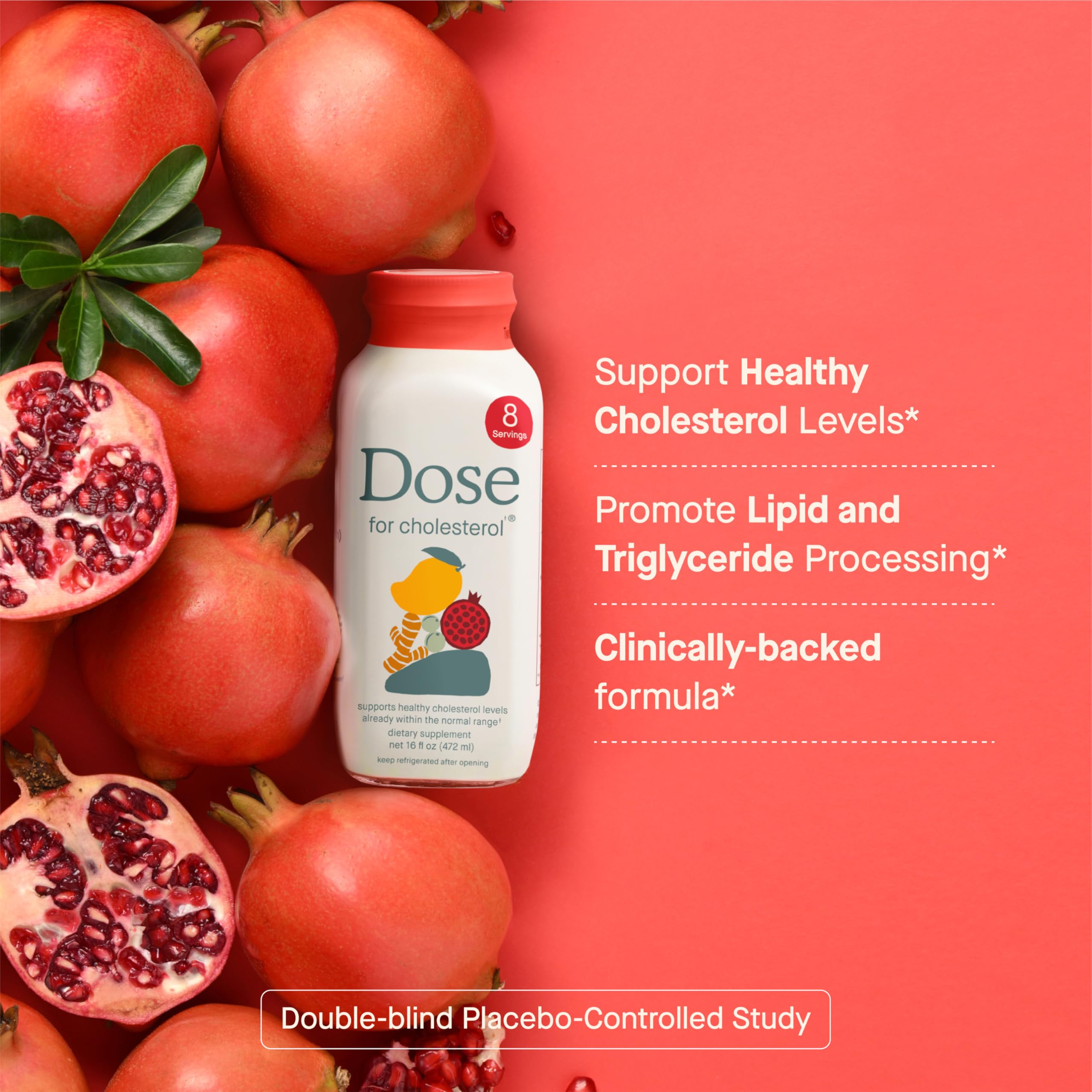DOSE cholesterol bottle side view with 16oz size and eight servings