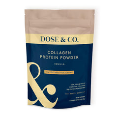 DOSE & CO Vanilla Collagen powder container on kitchen counter for daily wellness