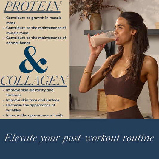 Scoop of DOSE & CO vanilla collagen beside a glass for easy morning mix