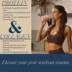 Scoop of DOSE & CO vanilla collagen beside a glass for easy morning mix