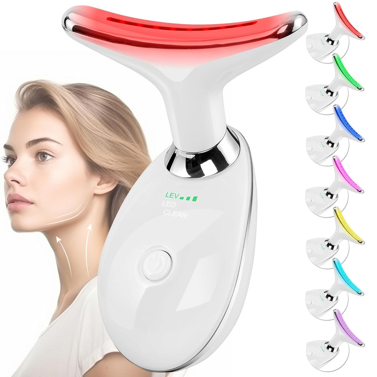 Doset facial massager arc head gliding along the cheek for smoother absorption.
