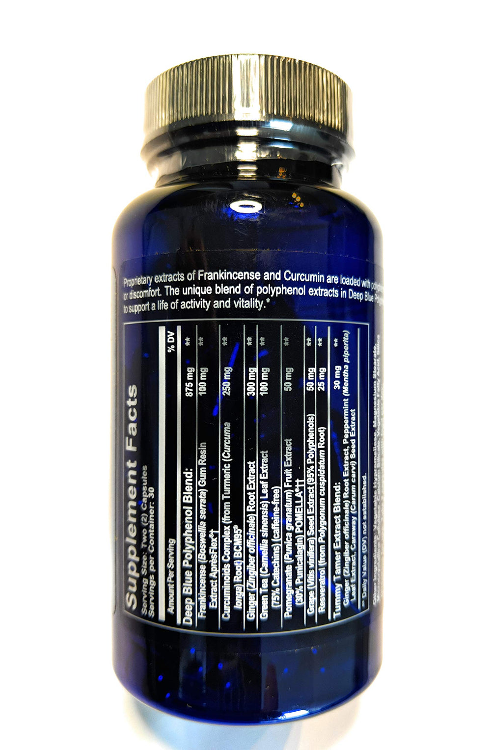 Close-up of the doTERRA Deep Blue Polyphenol Complex label for occasional discomfort