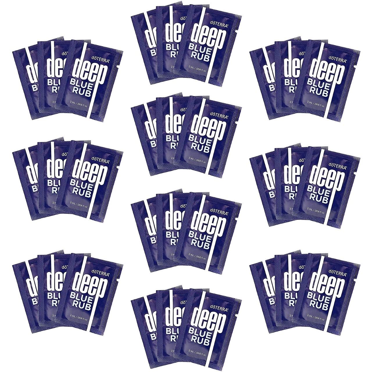 doTERRA Deep Blue Rub sample packet front view, portable 2 ml size for athletes.