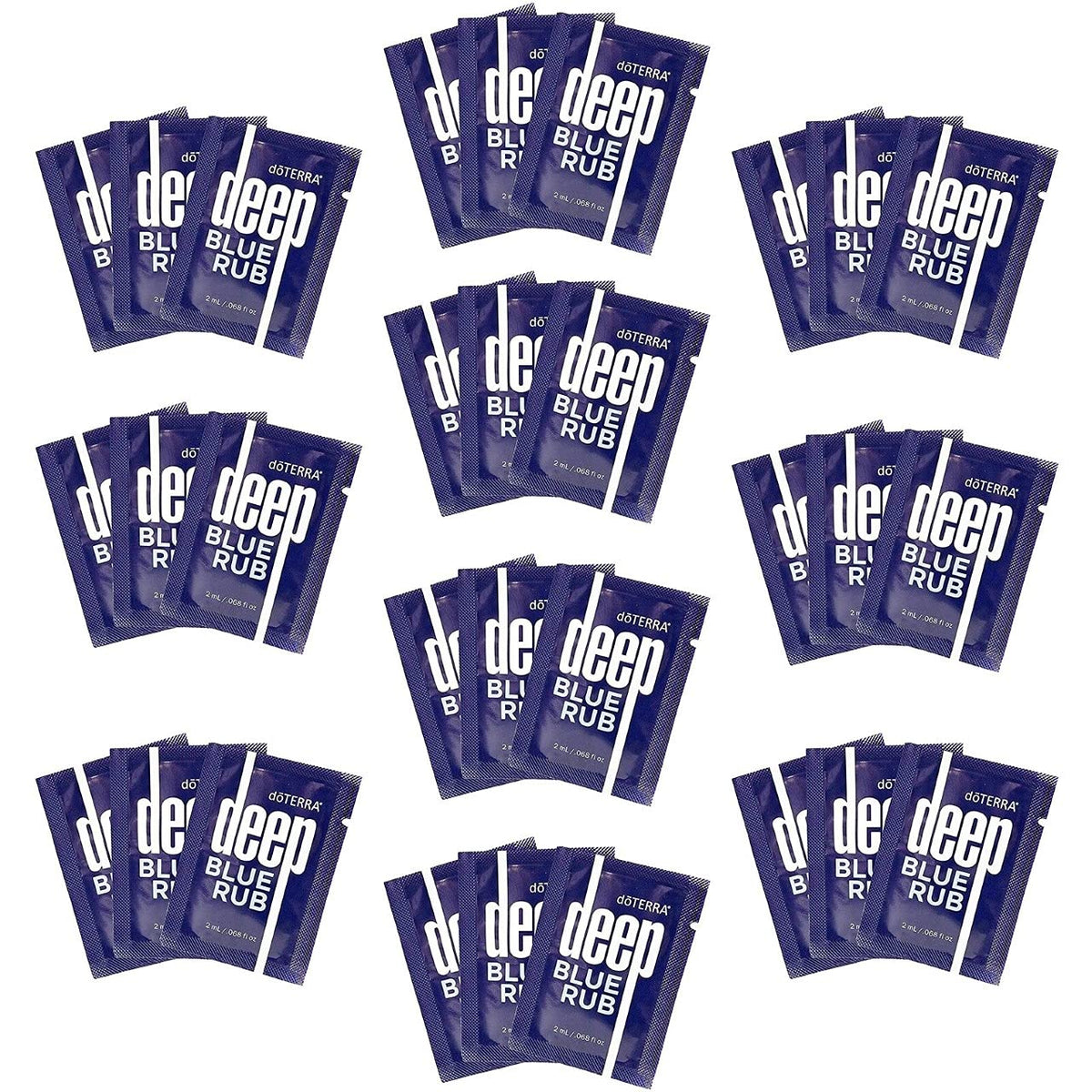 doTERRA Deep Blue Rub sample packet front view, portable 2 ml size for athletes.