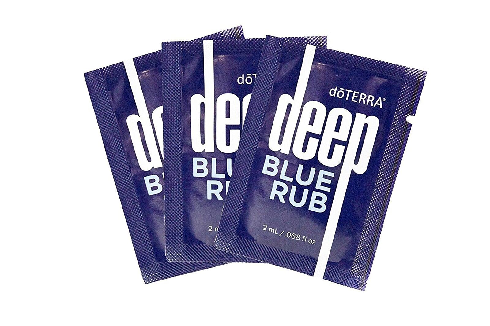 doTERRA Deep Blue Rub sample packet opened, convenient on-the-go relief for workouts.