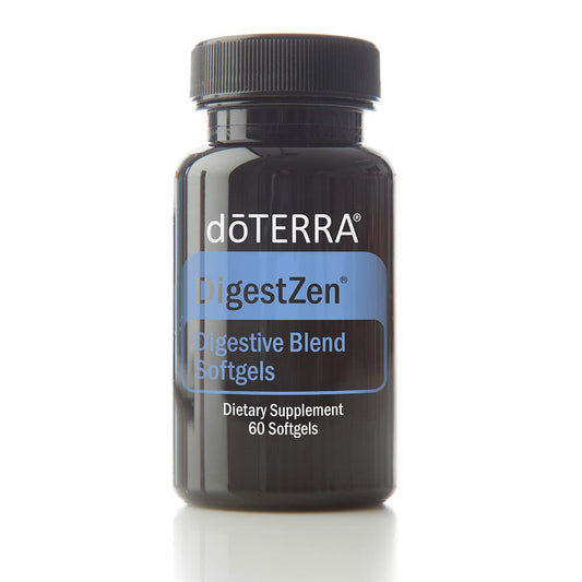 doTERRA DigestZen softgel bottle for on the go digestive support and ease of occasional discomfort.