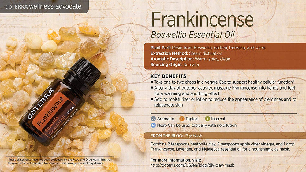 doTERRA frankincense 15 ml label emphasizes Co-Impact Sourcing and source quality.