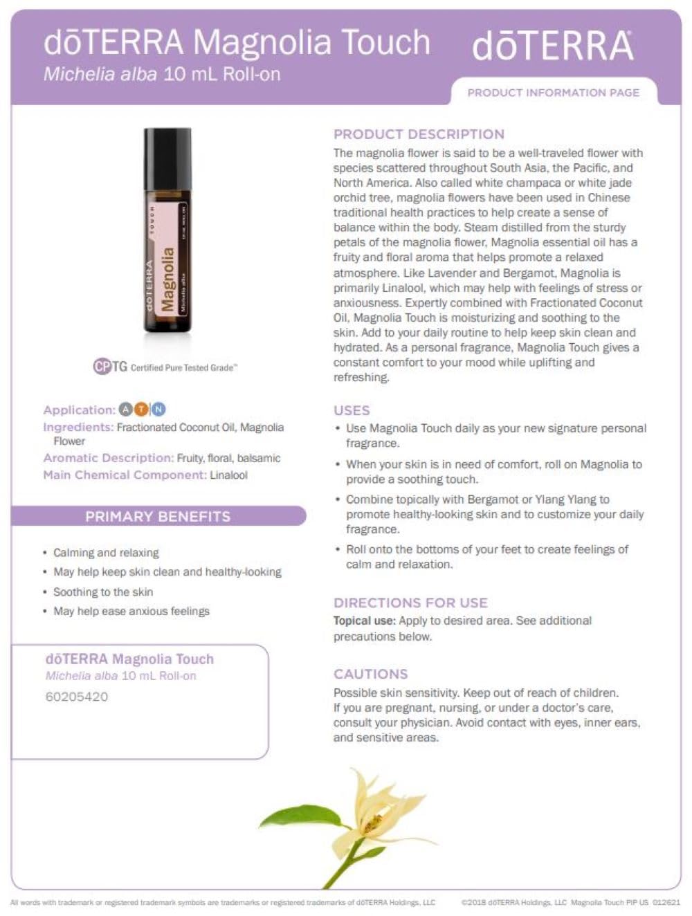 doTERRA Magnolia Touch daily routine use for a light, uplifting fragrance and skin care.