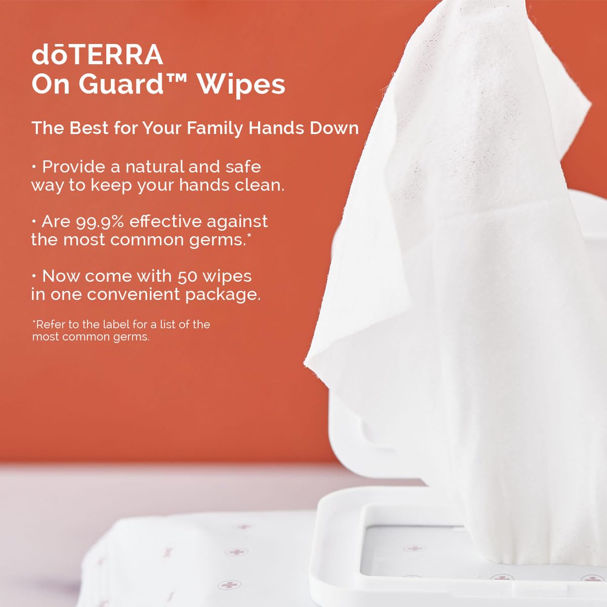 doTERRA On Guard hand wipes texture close-up highlighting moisturizing feel.