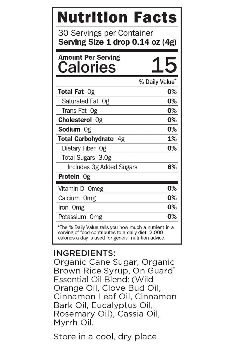 doTERRA On Guard Protecting Throat Drops label highlights essential oils like Wild Orange and Clove.